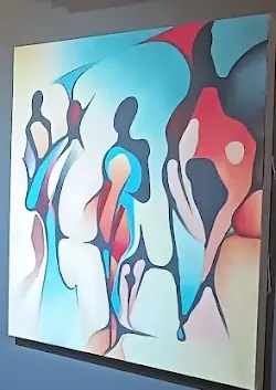 Figures in blue and red · main room
