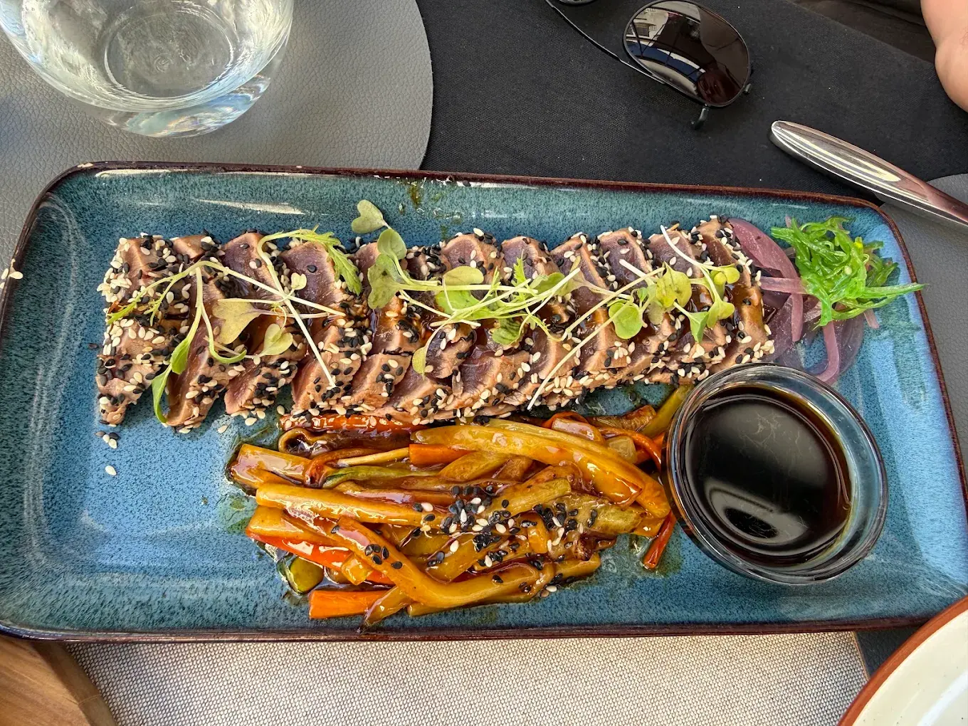 Bluefin tuna tataki, teriyaki, grilled vegetables